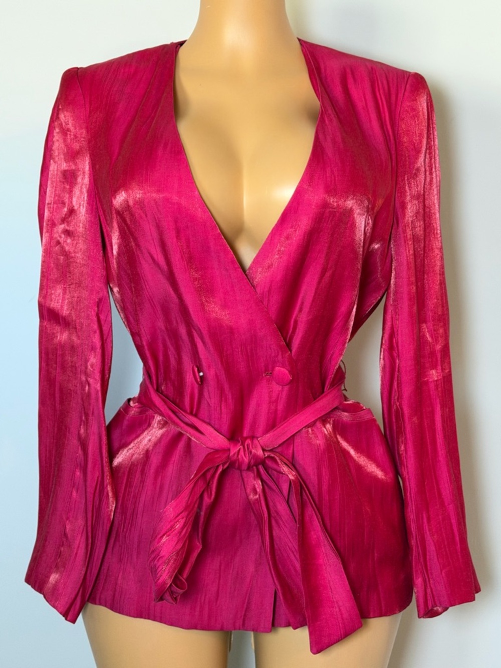 Zara Hot Pink Satin Satin-Effect Belted Blazer - Picture 2 of 5